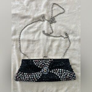 Vintage Embellished Black Evening Kisslock Clutch with Silver Chain Strap